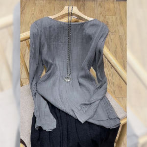 PAIBOLI | Chao Level Recommendation! Summer High End Lightweight Grey Pleated Silk Mulberry Long Sleeve Womens Shirt Casual Style Straight Cut