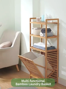 Bamboo Bathroom Storage Rack with Tilt Out Laundry Hamper Multi Tier Towel Organizer for Condo Bedroom