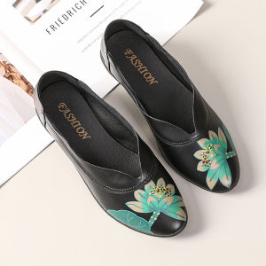 หนังแกะพิมพ์ลายต้นฉบับแท้ ผู้หญิง รองเท้าส้นเตี้ย นุ่ม ด้านล่าง ลำลอง รองเท้า สไตล์เกาหลี องค์ประกอบดอกไม้สวมใส่ทุกวันส้นกลาง