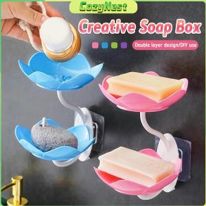 C.N. Double Layer Lotus Shaped Flowers Shape Soap Dish Soap Box Punch-free Wall Mounted