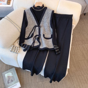 Chic Knitted Vest Sweater Set with Button Design Casual Pants Three Piece Set for Middle-Aged Mothers Autumn Winter Fashion