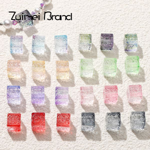 Ice Transparent Glass Floral Pattern Cube Sugar Loose Beads DIY Handmade Mobile Phone Chain Bracelet Pendant Material Accessories