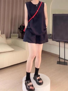 Shalldoer | Bộ đồ hai mảnh giản dị mùa hè cho nữ cổ tròn không tay quần ngắn màu trơn thoải mái giản dị thời trang