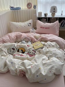 Cute Cat Cartoon Washed Cotton Towel Bedding Set Four-Piece Student Dormitory Three-Piece Cotton Bed Linen Soft Active Print