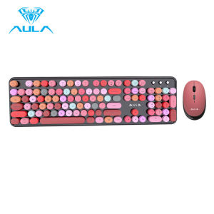 AULA | AULA Wireless Keyboard Mouse Combo 104 Keys Retro Round Keycaps Silent Typing 2.4G Ergonomic Office Gaming Set for PC Laptop