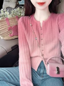 Gradual Pink Long Sleeve Knitted Sweater Womens Dopaamine Sakura Outfit Top 2025 New Spring Open Cardigan Korean Style Loose Fit