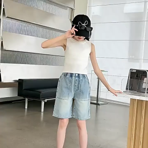 130-170cm กางเกงยีนส์ขาสั้นเด็กผู้หญิง กางเกงยีนวินเทจ เด็กโต แฟชั่นฤดูร้อน การออกแบบโบว์ เอวยางยืด 【จัดส่งจากประเทศไทย】