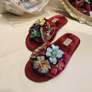 New Summer Outwear New Slippers Flat Heel Non Slip Seaside Womens Beach Shoes Sequin Flower Flip-Flops