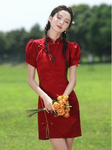 Red Cheongsam Short Style round Collar Short Sleeve Polyester Fiber Daily Wear Wedding Dress Suitable for Small Figures