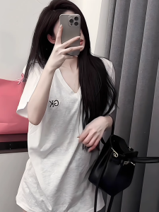 Laid-back Style Womens T-shirt White Letter V-neck Short Sleeve Casual Loose Mid-length Summer New Fashion Versatile Top