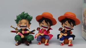 Bandai | Q One Piece Anime Figure Sitting Laughing Luffy Action Figures Kawaii Sanji Zoro Figurine Collection Toys Doll Gift Model