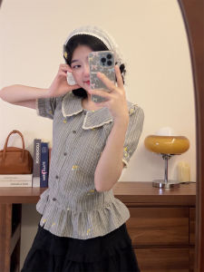 เสื้อยืดแขนสั้นผู้หญิงลายทางปักลูกไม้สไตล์เด็กตัวเล็กฤดูร้อนใหม่ ทรงสลิมฟิต คอตตอน 100% ผ้าฝ้ายคุณภาพดี