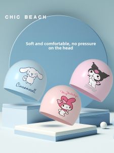 Kids Swimming Cap Ear Protection Waterproof Not Squeezing Head Silicone Long Hair Plaid Girl Boys Cartoon Professional Baby Swimming Cap