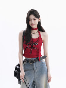 Áo Croptop Quai Halter Có Đinh Đính Gothic Phong Cách Mỹ Ôm Sát Màu Đỏ