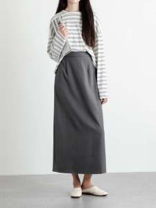 กระโปรงทรงตรงสีเทาลำลองสำหรับผู้หญิง กระโปรงยาวคลุมเข่าเอวยางยืดทรงหลวม สไตล์ทำงานฤดูใบไม้ผลิและฤดูใบไม้ร่วง