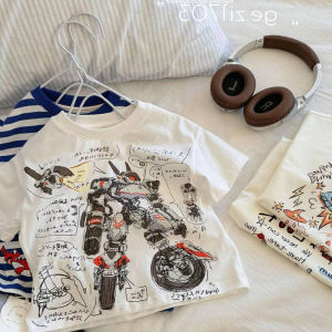 Cool Robot Cartoon Print T-Shirt Childrens Summer Casual Short Sleeve round Neck Kids Fashion Top for Boys And Girls