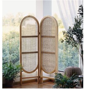 (10days)Natural Rattan 3 Panel Wood Screen Room Divider Folding Room Partitions Freestanding Privacy Screen w/Hand-Woven Polymer Rattan Room Separator Divider Wall