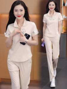 New Chinese Style Womens Short Sleeve Sportswear Set Summer 2025 Ice Silk Wide Leg Pants Casual Two Piece Trendy Outfit