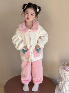 Thickened Flannel Pajamas Girls Coral Fleece Home Clothes Set Strawberry Princess Style Long Sleeve Long Pants Outfit for Kids