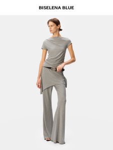 BEIQIANI | Casual Sporty Slimming Ruffle Short Sleeve Flared Pants Suit Two Pieces