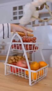 SG【Stock】2-layer storage basket Portable kitchen storage Household toiletries storage rack Double layer fruit basket Camping picnic portable fruit basket Iron fruit basket Kitchen bathroom iron basket