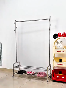 MOD 304 Stainless Steel Clothes Rack Coat Rack With Shoe Storage Shelf Mobile Garment Rack Hanging Organizer Bedroom Wardrobe Storage Stand