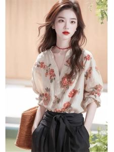 WANGGONGZHU | เสื้อเชิ้ตแขนยาวผ้าลินินผสมคอตตอนสำหรับผู้หญิงฤดูใบไม้ผลิและฤดูใบไม้ร่วง 2025 ดีไซน์ใหม่ เสื้อแขนยาวทรงหลวมพิมพ์ลายสวยงาม