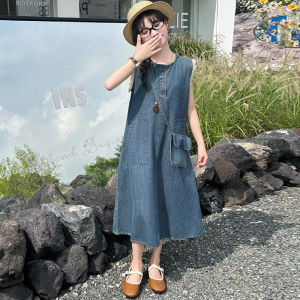 Girls Denim Dress Korean Style Mid-Length Sleeveless Vest Skirt Summer Fashionable Childrens Clothing 4-14 Years Old