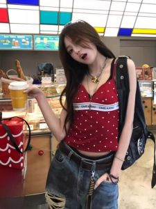 chaqi | Elegant Red Polka Dot V-neck Strap Top Womens Short Slim Fit Design Sensation Sweet And Spicy Girl Summer Outdoor Wear