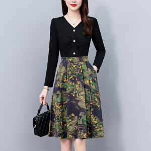 MAIMEI | Fashionable Slimming Long Sleeve V-Neck Print Illusion Two-Piece Dress Womens Autumn New Style High Waist A-Line Skirt Dress