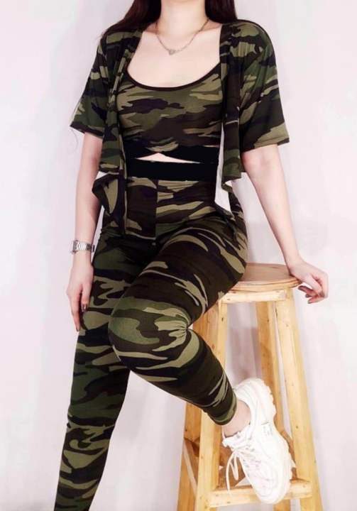 3in1 Army Camouflage Set Leggings Cardigan Top For Women Lazada PH