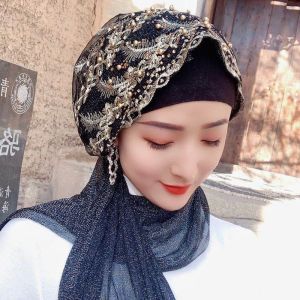 Embroidery Beading Womens Turban Cap Ready to Wear Head Scarf Wrap Muslim Hijab Hair Cover Cap Pre-Tied Headscarf Hat