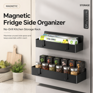 Magnetic Refrigerator Side Storage Rack ABS Wall Mounted Spice Organizer No Drill Kitchen Shelf for Fridge Laundry Bathroom