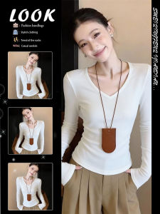 Slimming V-neck T-shirt Long Sleeve White Style For Women