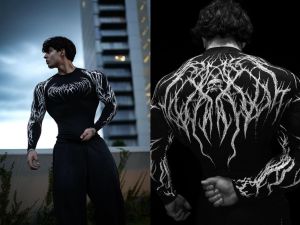 Mens Compression Sports Shirt  Gothic Lightning Print GYM Fitness Top Autumn Quick Dry Breathable Bodybuilding Long Sleeve Tee