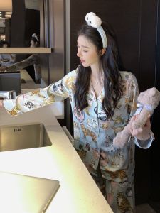 Silk Long Sleeve Thin Set Womens Sleepwear Cat Cartoon Style Home Clothes Spring Autumn Two-Piece Set Cute Home Fashion