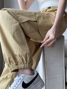 American Style Summer Thin Ice Silk Loose Fit Womens Casual Sports Pants Cargo High Waist Trousers for Young Adults