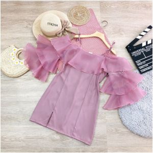 17431 เดรสปาดไหล่สายเดี่ยวผูกไหล่ แขนระบายผ้าแก้ว 3 ชั้น