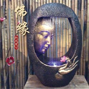 Southeast Asian Style Buddha Statue Water Fountain Wealth Attractor Creative Floor Standing Water Landscape Buddha Head Living Room Waterflow Decorative Piece