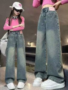 Girls High Waist Embroidered Star Wide Leg Jeans Spring Autumn Straight Cut Trousers for Junior High School Students