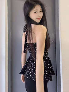 Áo Ba Lỗ Cổ Treo in Hoa Đen Thanh Lịch Áo Ba Lỗ Hở Lưng Thời Trang Nữ Thiết Kế Cổ Điển Thường Ngày Mùa Hè 2025