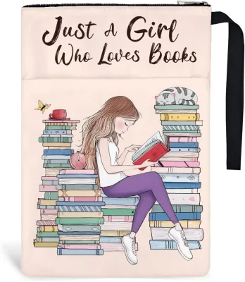 1pc Reading Girl Book Sleeve 13.4x9.45 inches Polyester Book Sleeve Book Protectors with Zipper and Front Pocket for Students