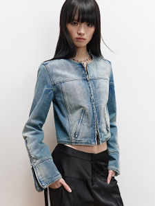 Washed Short round Neck Denim Jacket Womens Versatile Vintage Style Spring Collection Cotton Polyester Blend Zipper Closure