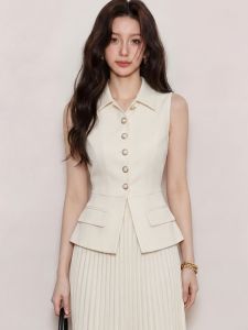 QFN | Elegant White Sleeveless Vest Pleated Skirt Set Summer Career Wear