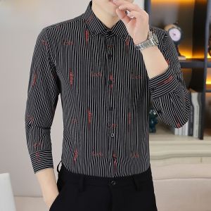 HENGYUANXIANG | Hengyuanxiang 2025 New Mens Striped Long Sleeve Casual Shirt Spring Autumn High End Business Wear Iron Free Standard Fit Polyester Fiber