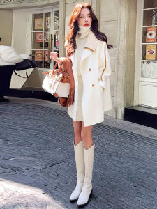 Womens Retro Korean Style Wide Length Mid to Long Sleeve High Fashion Cashmere Coat for Autumn and Winter