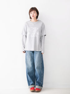 Womens Pure Cotton round Neck Letter Print T-Shirt Design Sensation Fake Two-Piece Comfortable Skin-Friendly Casual Top