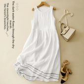 White Cotton Linen Sleeveless Vest Dress Women Summer Artistic Simple Casual Loose Personality Linen Outerwear Midi Dress