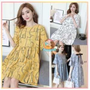 เสื้อผ้าสำหรบสตรีมีครรภ์ เดรสคุณเเม่ตั้งท้อง ชุดกระโปรงยาวเนื้อผ้าใส่สบาย เดรสลายน้องเเมวเหมียว สินค้าพร้อมส่ง
