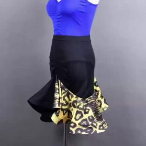 Women Elegant Leopard Print Asymmetrical Fishtail Latin Competition Dance Skirt Wide Hem Ballroom Stage Show Training Costume